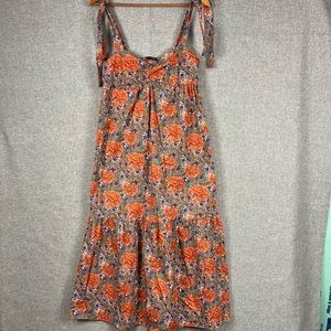 Zara Dress Midi Orange Blue Floral Shoulder Ties Cotton Comfortable Sun Dress S